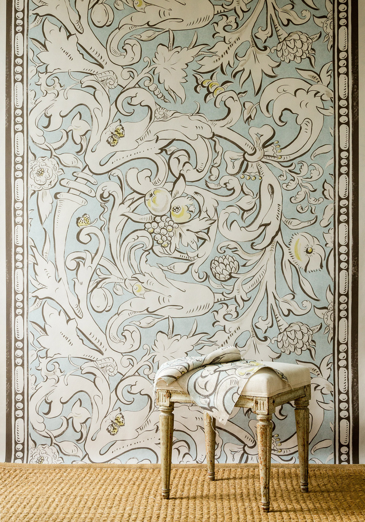 Citadel wallpaper in living room, lewis and wood
