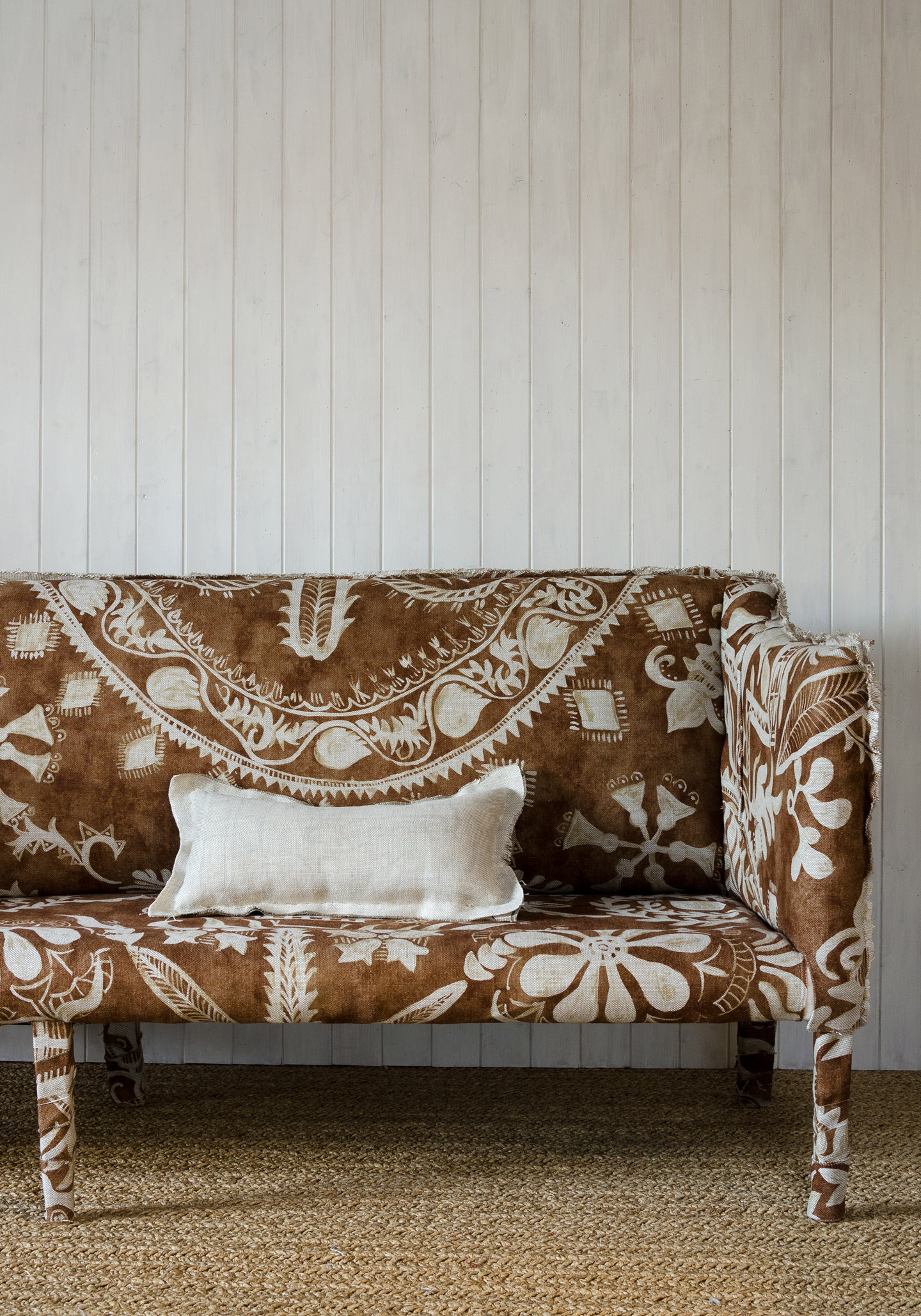 WOMAD Burnish Sofa, brown tribal design linen, Lewis and Wood