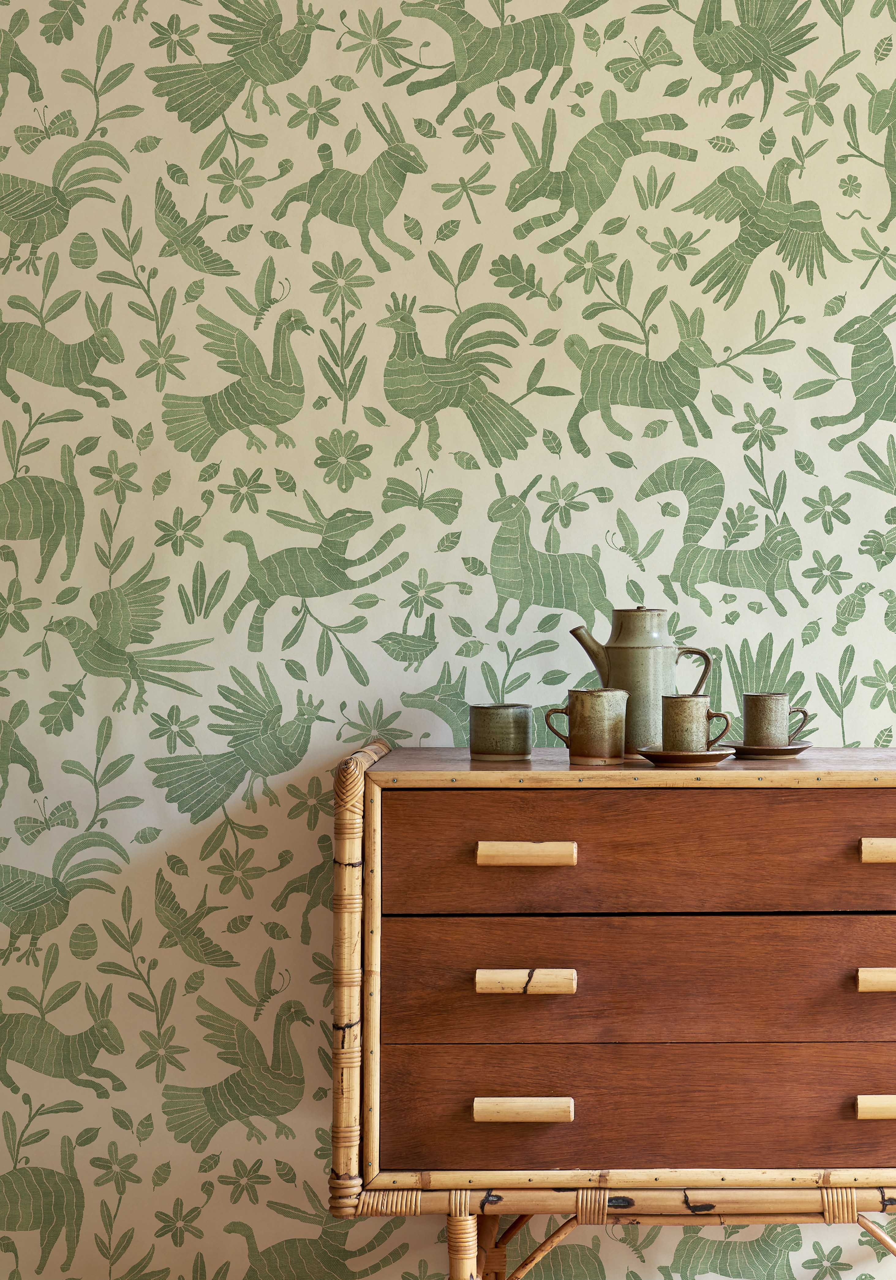 OTOMI Leafy Wallpaper, Green Animal Print, Lewis and Wood
