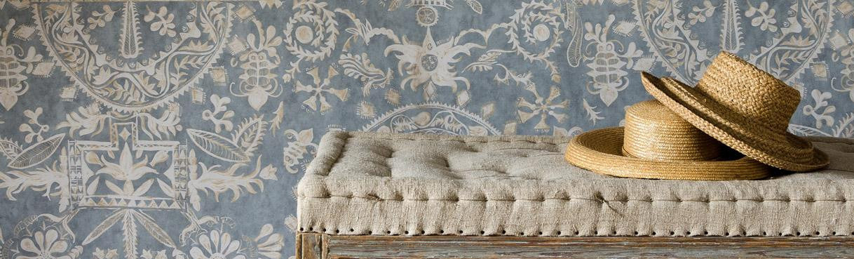 <p>Womad blue wallpaper in living room lewis and wood</p>