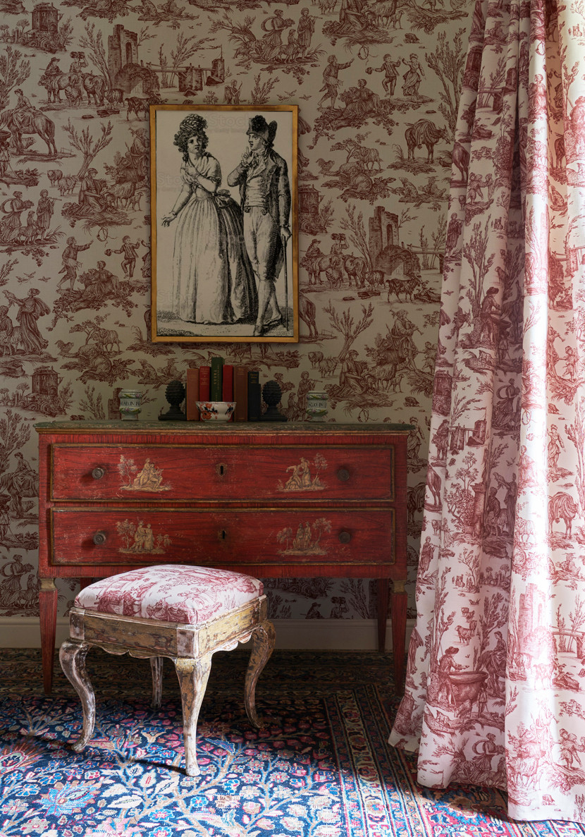 Toile Baptiste curtain and wallpaper in bedroom, lewis and wood