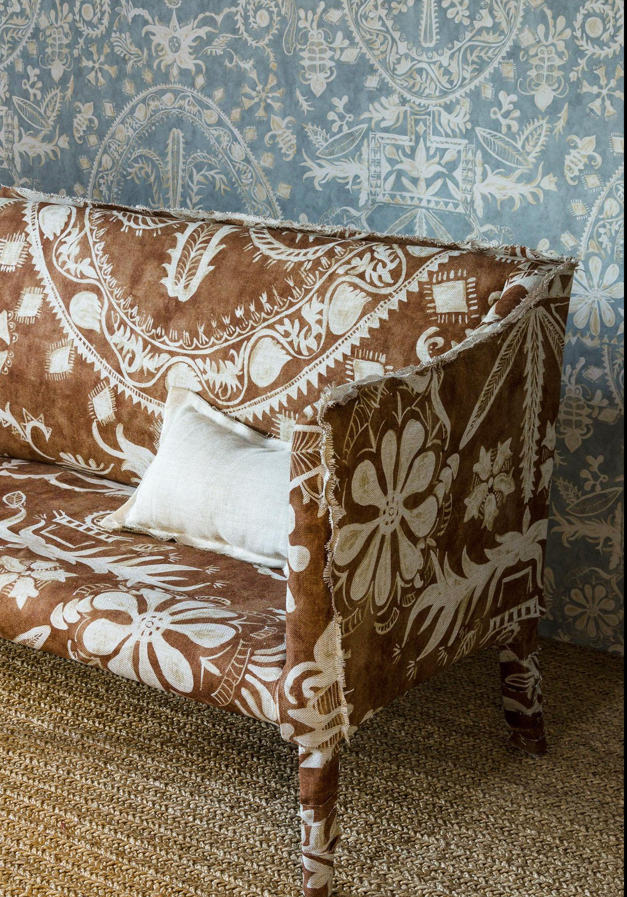 Toile Baptiste curtain and wallpaper in bedroom, lewis and wood