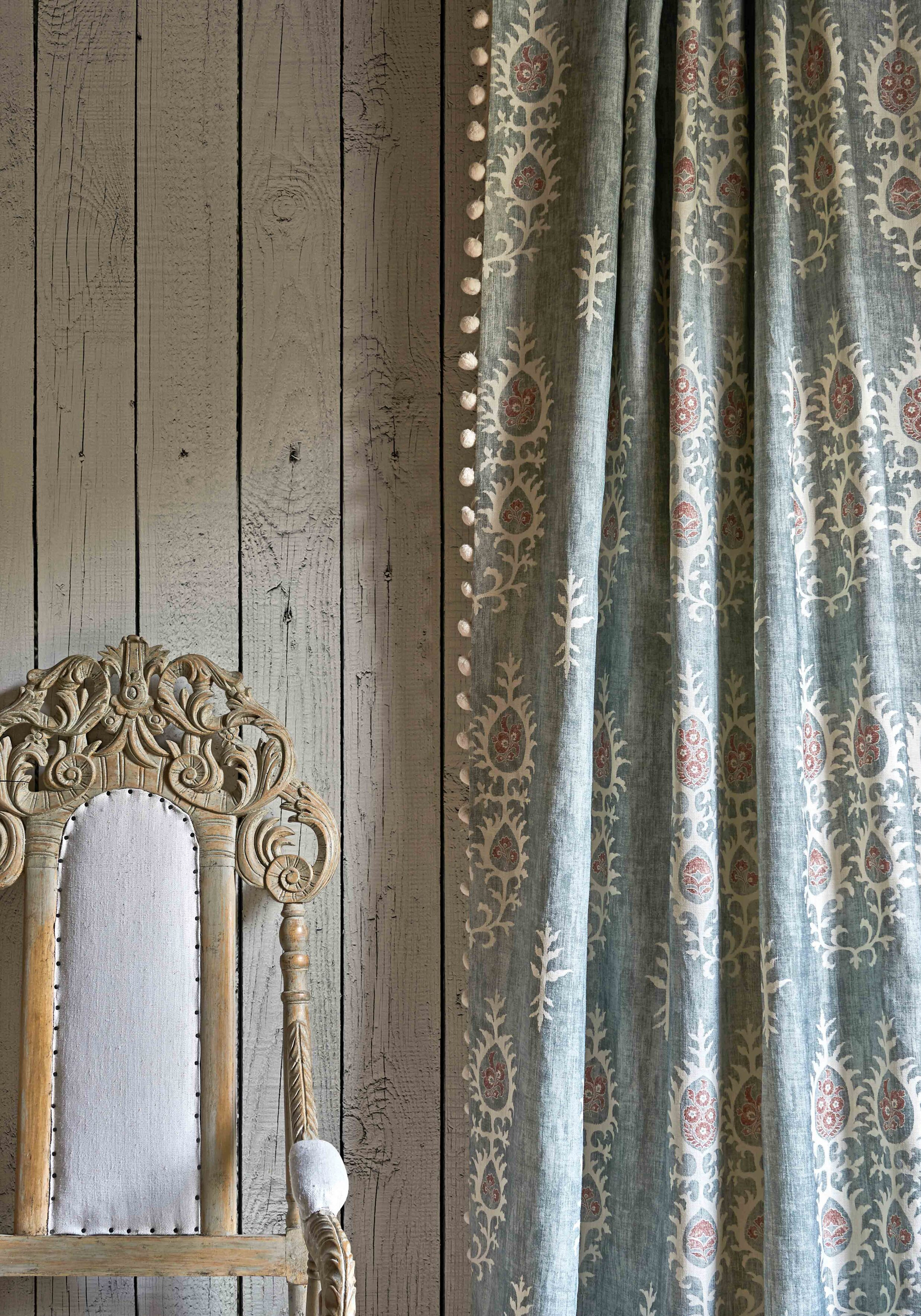 tribal curtain in room, lewis and wood