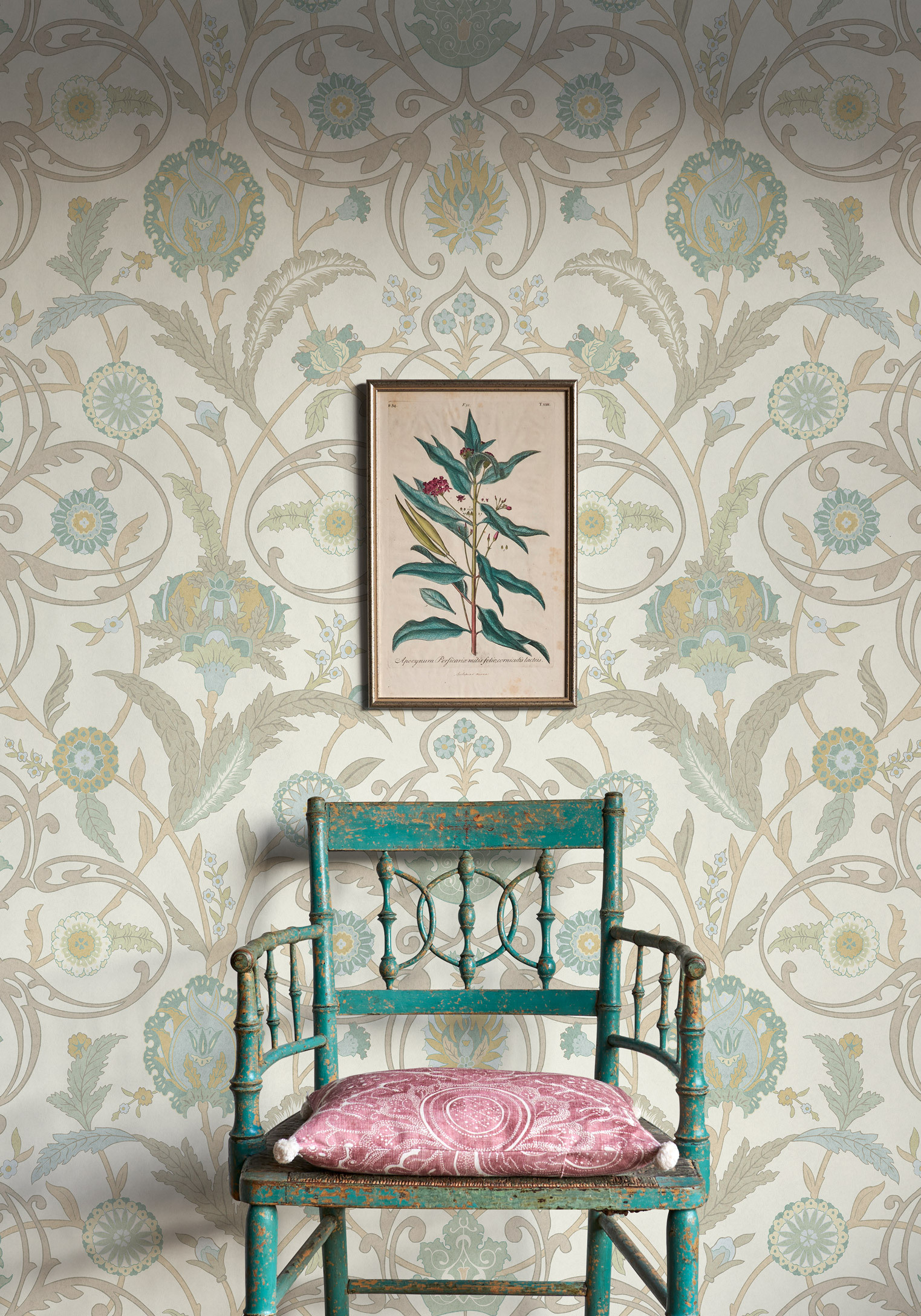 Ipek Damask wallpaper in room, lewis and wood
