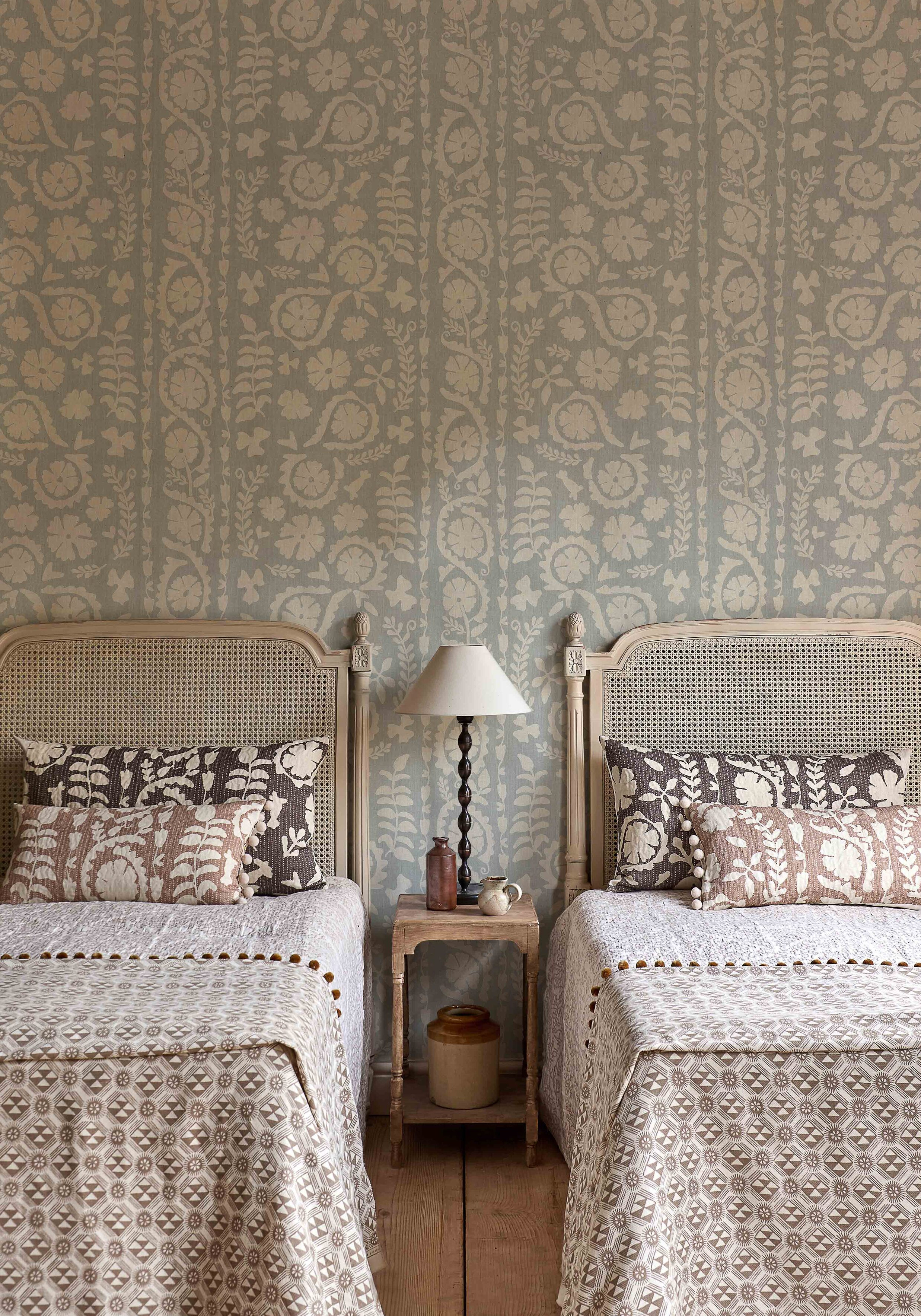 rosetta wallpaper in twin bedroom, lewis and wood